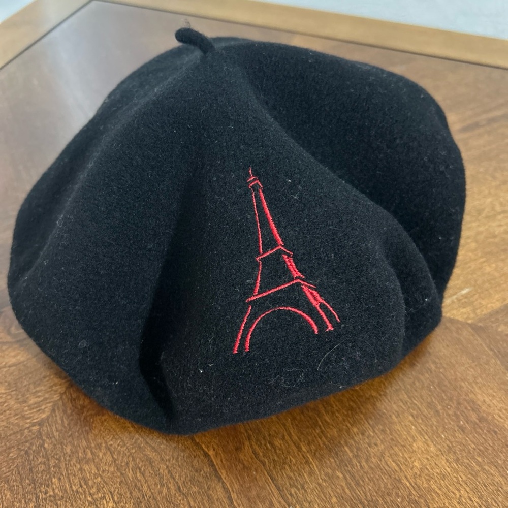 ☆Laulhere France Crimson BLACK Wool Beret Eiffel Tower Tam French Artisan Siz10☆